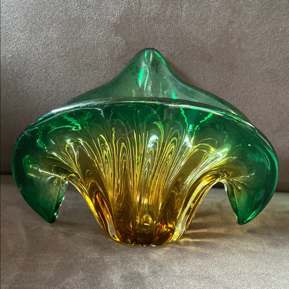 Vintage Murano Art
Glass Bowl Vase Green
and Gold Yellow